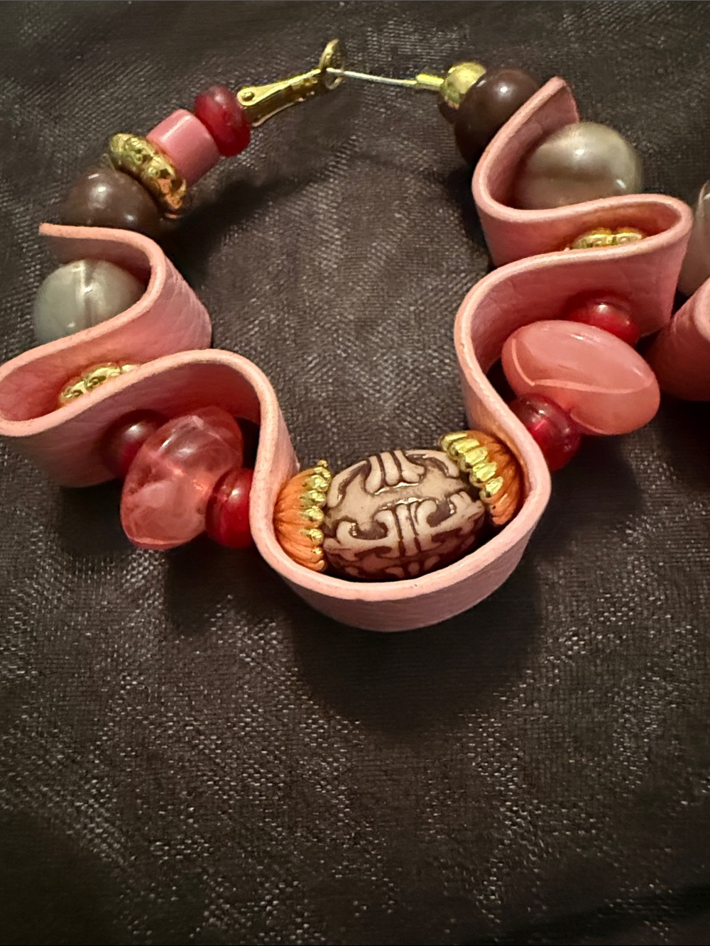 Sassy Jones Handcrafted Pink and Mauve Beaded Stretch Bracelet Stack and hoops - Picture 3 of 5